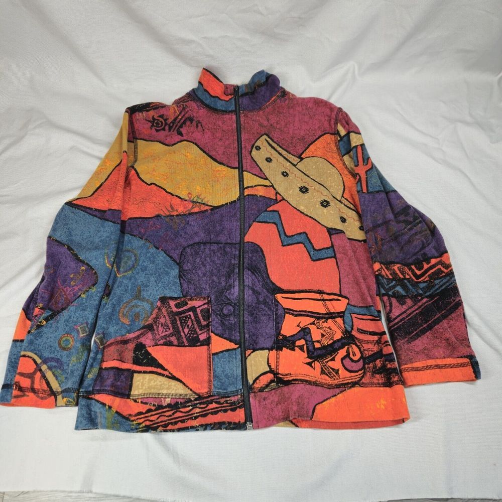 Chicos Cardigan Womens Sz 1 Southwestern Scenic All Over‎ Print Full Zip Cotton